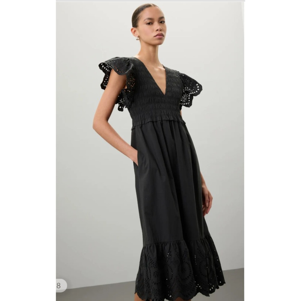 Rails Clementine Midi Dress Women XS Black Eyelet Smocked Romantic Cottage Boho